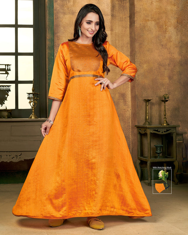 Laxmipati Sunny Silk With Brocade Haldi Gold Flared Gown With Mask