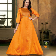 Laxmipati Sunny Silk With Brocade Haldi Gold Flared Gown With Mask