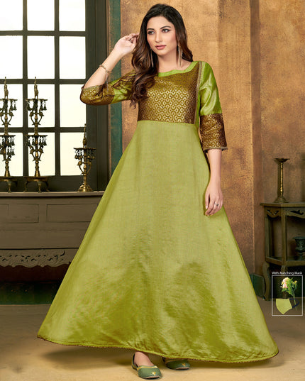 Laxmipati Sunny Silk With Brocade Parrot Green Flared Gown With Mask