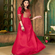 Laxmipati Sunny Silk With Brocade Panneled Tomato Flared Gown With Mask