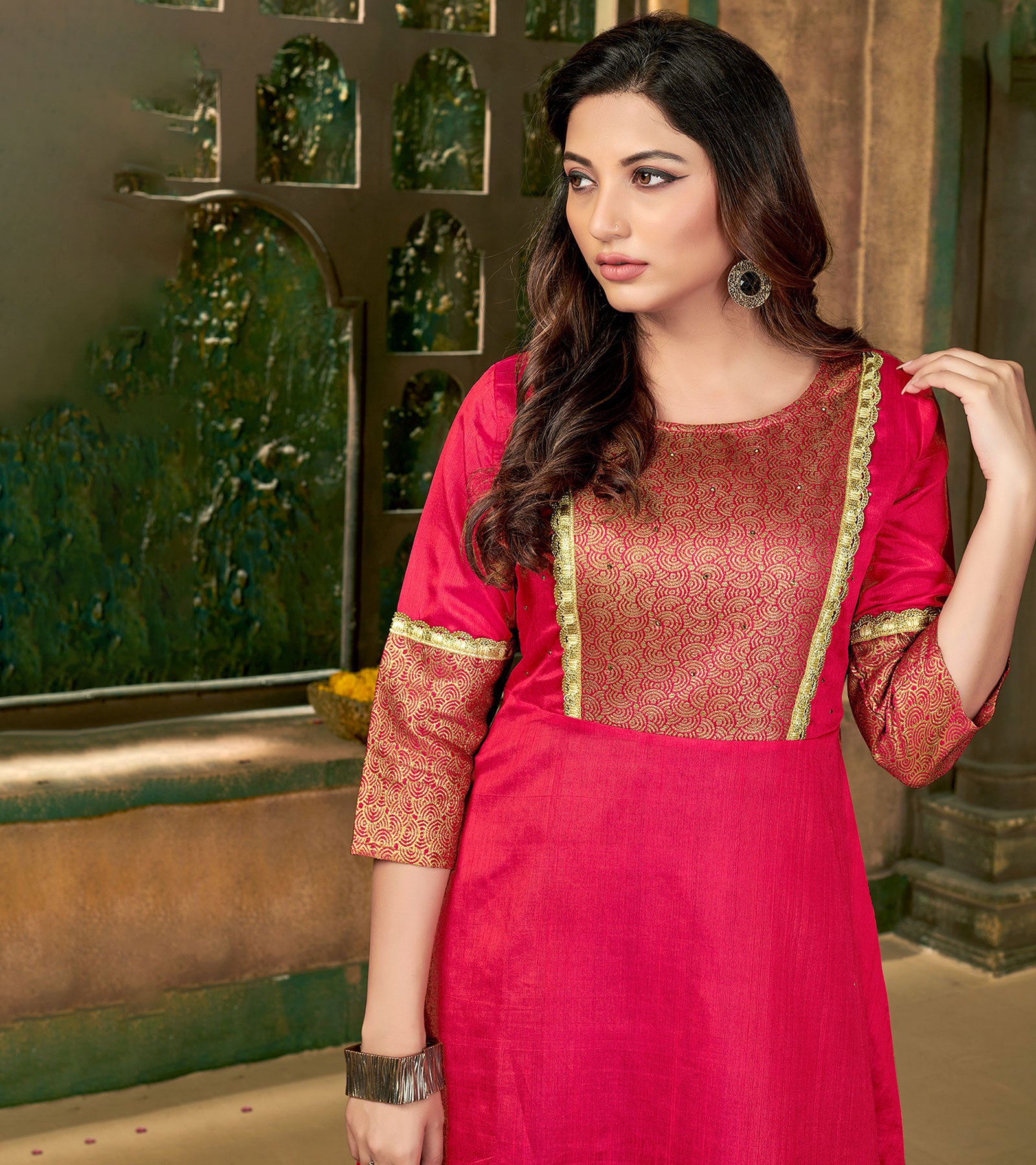 Laxmipati Sunny Silk With Brocade Panneled Tomato Flared Gown With Mask