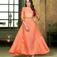 Laxmipati Sunny Silk With Brocade Dazzling Peach Flared Gown With Mask