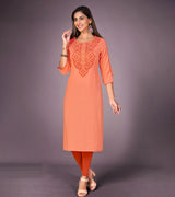 Laxmipati Kantha Cotton Self Textured Icy Orange Straight Cut Kurti With Mask