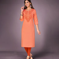 Laxmipati Kantha Cotton Self Textured Icy Orange Straight Cut Kurti With Mask