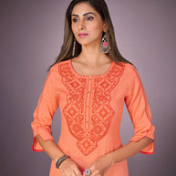Laxmipati Kantha Cotton Self Textured Icy Orange Straight Cut Kurti With Mask