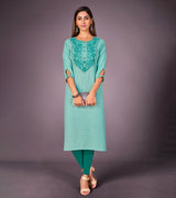 Laxmipati Kantha Cotton Self Textured Mint Green Straight Cut Kurti With Mask