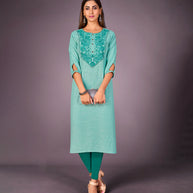Laxmipati Kantha Cotton Self Textured Mint Green Straight Cut Kurti With Mask