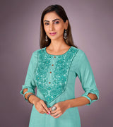 Laxmipati Kantha Cotton Self Textured Mint Green Straight Cut Kurti With Mask