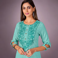Laxmipati Kantha Cotton Self Textured Mint Green Straight Cut Kurti With Mask