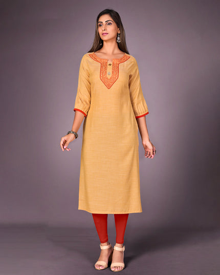 Laxmipati Kantha Cotton Self Textured Merigold Mustard Straight Cut Kurti With Mask