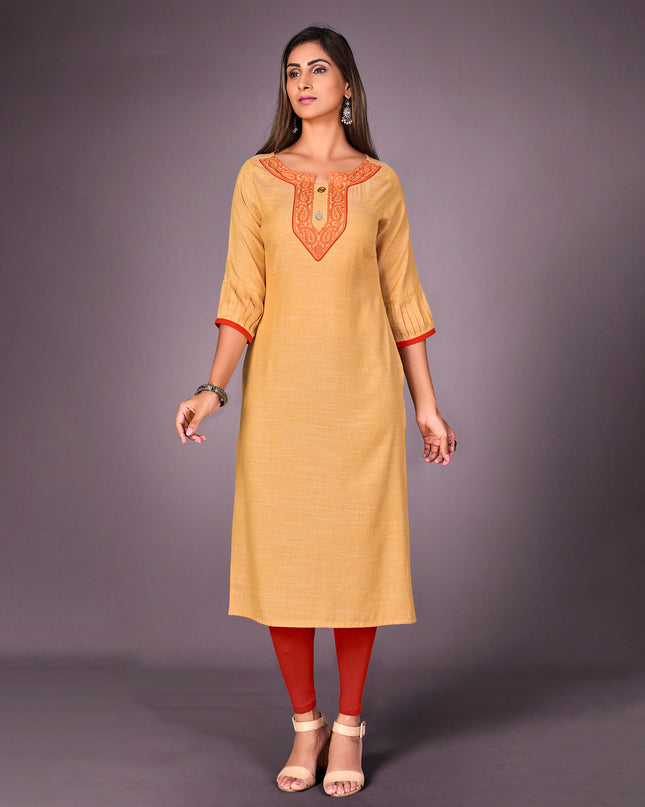 Laxmipati Kantha Cotton Self Textured Merigold Mustard Straight Cut Kurti With Mask