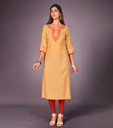 Laxmipati Kantha Cotton Self Textured Merigold Mustard Straight Cut Kurti With Mask