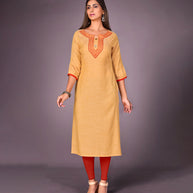 Laxmipati Kantha Cotton Self Textured Merigold Mustard Straight Cut Kurti With Mask