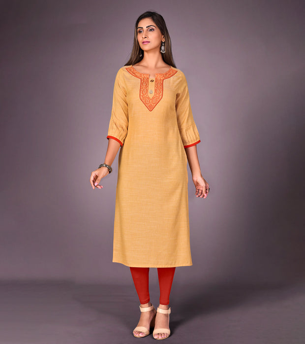 Laxmipati Kantha Cotton Self Textured Merigold Mustard Straight Cut Kurti With Mask