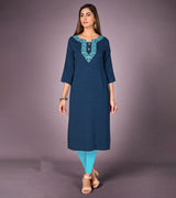 Laxmipati Kantha Cotton Self Textured Breath In Blue Straight Cut Kurti With Mask