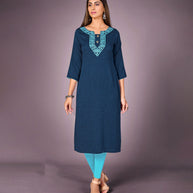Laxmipati Kantha Cotton Self Textured Breath In Blue Straight Cut Kurti With Mask