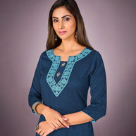 Laxmipati Kantha Cotton Self Textured Breath In Blue Straight Cut Kurti With Mask