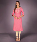 Laxmipati Kantha Cotton Self Textured Pinching Pink Straight Cut Kurti With Mask