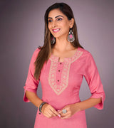 Laxmipati Kantha Cotton Self Textured Pinching Pink Straight Cut Kurti With Mask