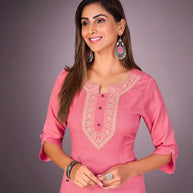 Laxmipati Kantha Cotton Self Textured Pinching Pink Straight Cut Kurti With Mask