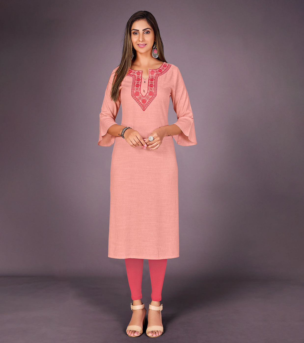 Laxmipati Kantha Cotton Self Textured Preset Peach Straight Cut Kurti With Mask