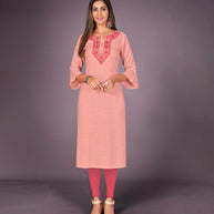 Laxmipati Kantha Cotton Self Textured Preset Peach Straight Cut Kurti With Mask