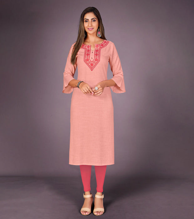 Laxmipati Kantha Cotton Self Textured Preset Peach Straight Cut Kurti With Mask