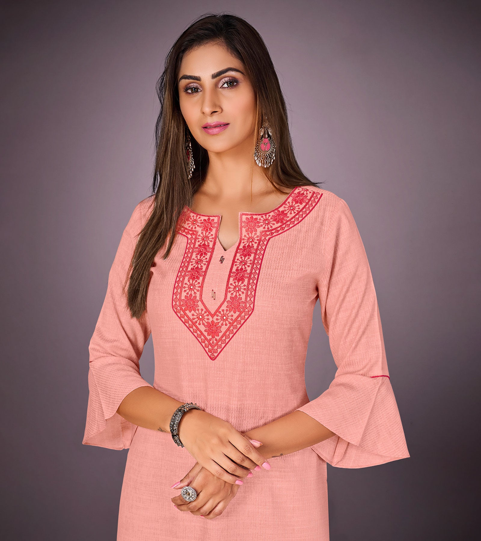 Laxmipati Kantha Cotton Self Textured Preset Peach Straight Cut Kurti With Mask