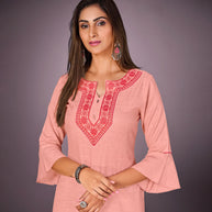 Laxmipati Kantha Cotton Self Textured Preset Peach Straight Cut Kurti With Mask