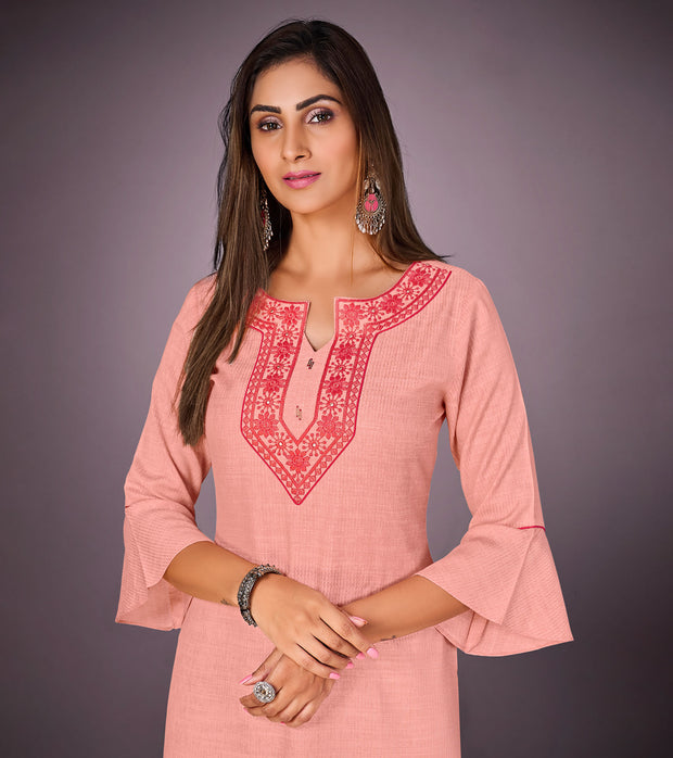 Laxmipati Kantha Cotton Self Textured Preset Peach Straight Cut Kurti With Mask