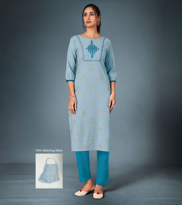 Laxmipati Cotton  Paitel Blue Straight Cut Kurti With Pant & Mask