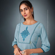 Laxmipati Cotton  Paitel Blue Straight Cut Kurti With Pant & Mask