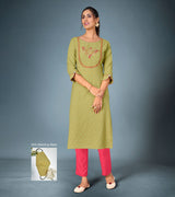 Laxmipati Cotton  Pista Green Straight Cut Kurti With Pant & Mask