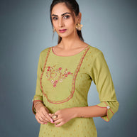 Laxmipati Cotton  Pista Green Straight Cut Kurti With Pant & Mask