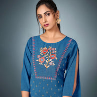 Laxmipati Cotton  Sand Blue Straight Cut Kurti With Pant & Mask