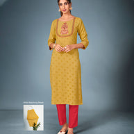 Laxmipati Cotton  Musturd Straight Cut Kurti With Pant & Mask