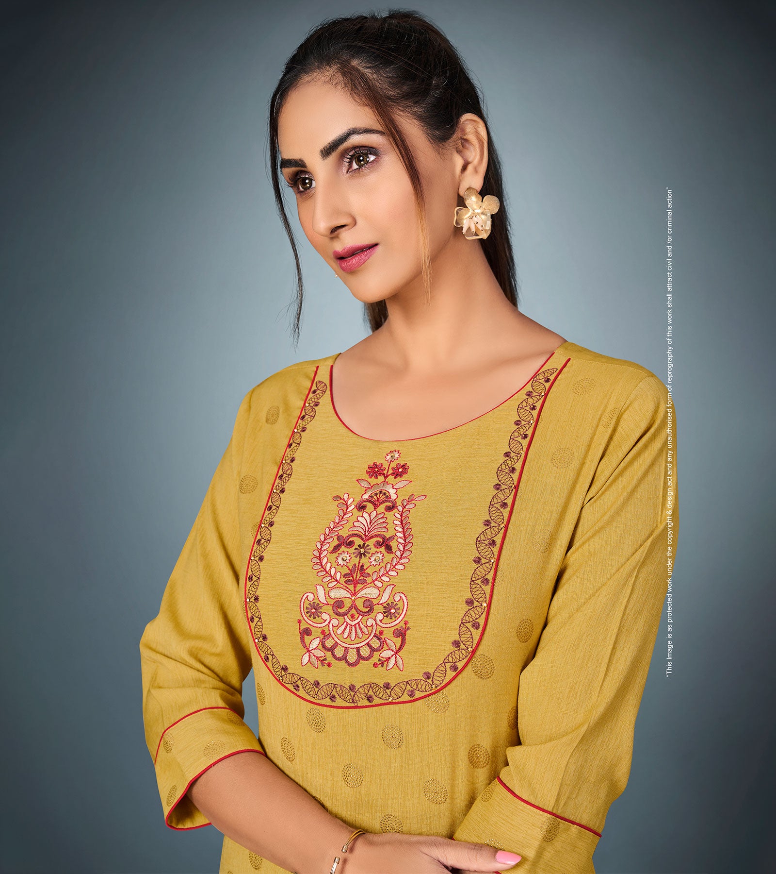 Laxmipati Cotton  Musturd Straight Cut Kurti With Pant & Mask