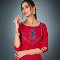 Laxmipati Cotton  Hot Red Straight Cut Kurti With Pant & Mask