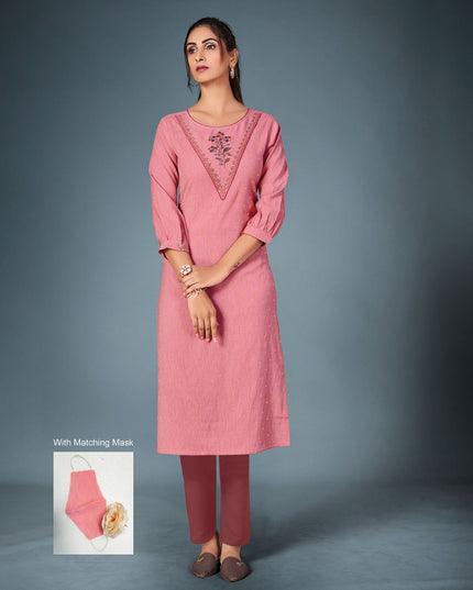 Laxmipati Cotton  Slint Pink Straight Cut Kurti With Pant & Mask