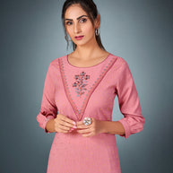 Laxmipati Cotton  Slint Pink Straight Cut Kurti With Pant & Mask