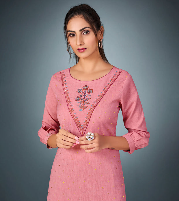 Laxmipati Cotton  Slint Pink Straight Cut Kurti With Pant & Mask