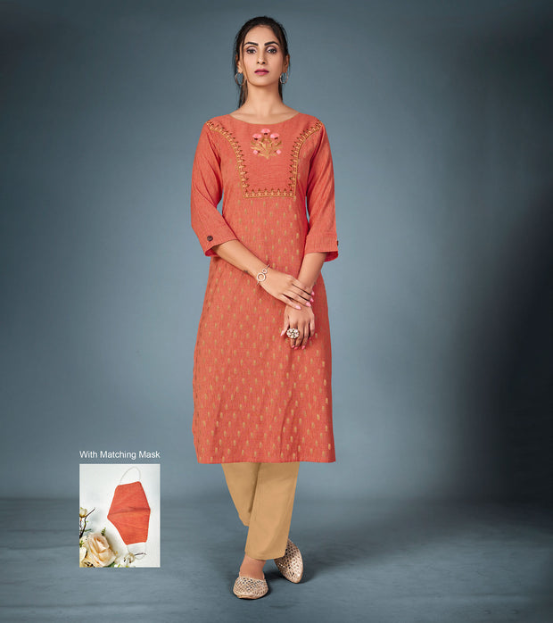 Laxmipati Cotton  Rust Orange Straight Cut Kurti With Pant & Mask