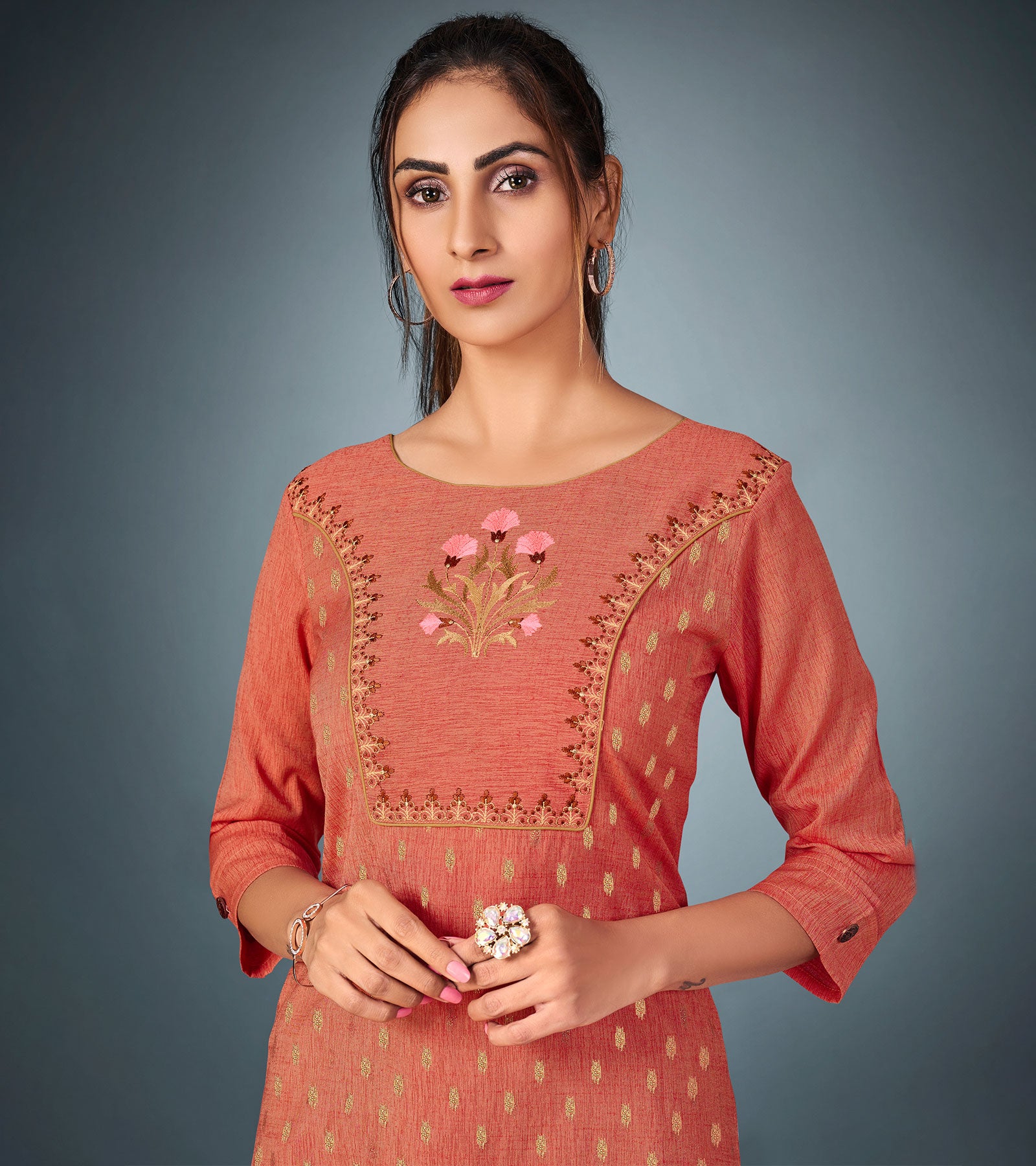 Laxmipati Cotton  Rust Orange Straight Cut Kurti With Pant & Mask
