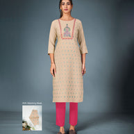 Laxmipati Cotton  Light Beize Straight Cut Kurti With Pant & Mask
