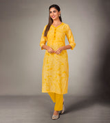 Laxmipati Mosul Cotton  Corn Yellow Straight Cut Kurti With Pant & Mask