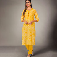 Laxmipati Mosul Cotton  Corn Yellow Straight Cut Kurti With Pant & Mask
