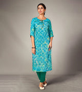 Laxmipati Mosul Cotton  Cyan Blue Straight Cut Kurti With Pant & Mask