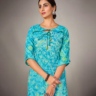 Laxmipati Mosul Cotton  Cyan Blue Straight Cut Kurti With Pant & Mask