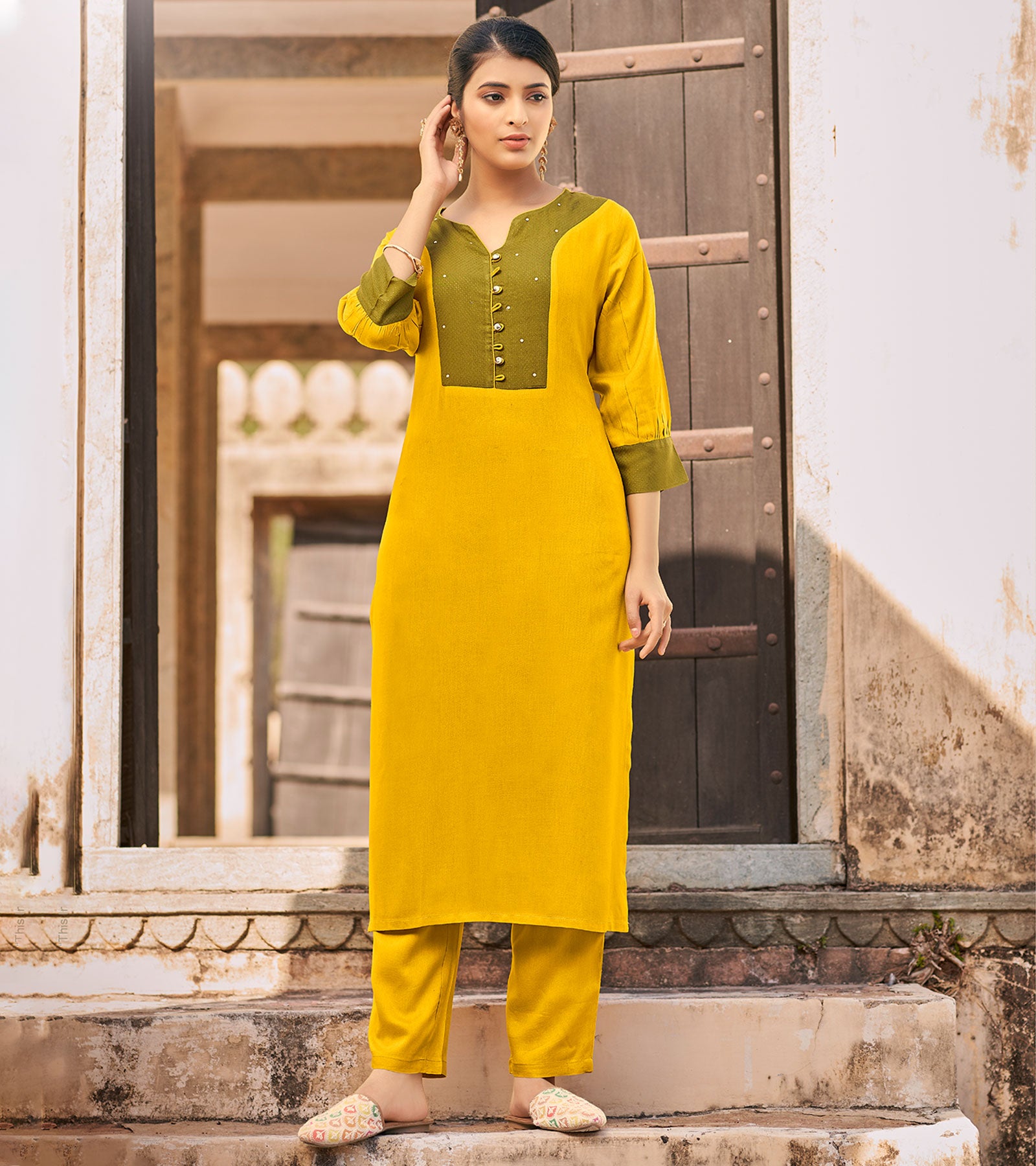 Yellow Casual Wear Embroidered Cotton Kurti
