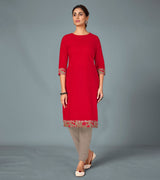 Laxmipati Cotton Viscose Hot Red Straight Cut Kurti With Mask